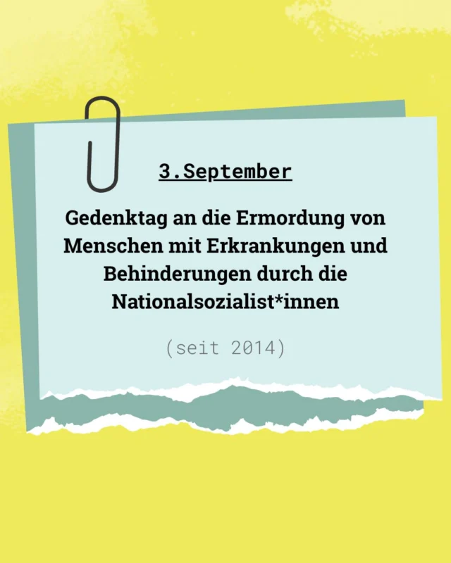 Heute erinnern wir an die Ermordung von Menschen mit Erkrankungen und Behinderungen während des NS-Regimes.

Bis heute bekommt die Diskriminierungsform Ableismus wenig Aufmerksamkeit in voller Gänze.

Von 1933 bis 1945 wurden Betroffene geächtet, verschleppt und ermordet.

Bis heute haben die Opfer der NS-“Euthanasie” und Zwangssterilisationen keinen Anspruch auf die Leistungen des “Bundesentschädigungsgesetzes”.

@smf_verband  @menschenstaerkenmenschen 

#gedenken #haltungzeigenmsm #gemeinsamstark #miteinander #teilhabe