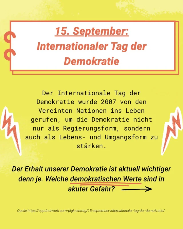 Warum wir Demokratie nicht als selbstverständlich nehmen sollten?

“Der Internationale Tag der Demokratie sendet eine klare Botschaft: Demokratie ist nicht selbstverständlich und muss aktiv gefördert, verteidigt und weiterentwickelt werden.”

Quelle: https://cppdnetwork.com/plgk-eintrag/15-september-internationaler-tag-der-demokratie/

@menschenstaerkenmenschen @smf_verband