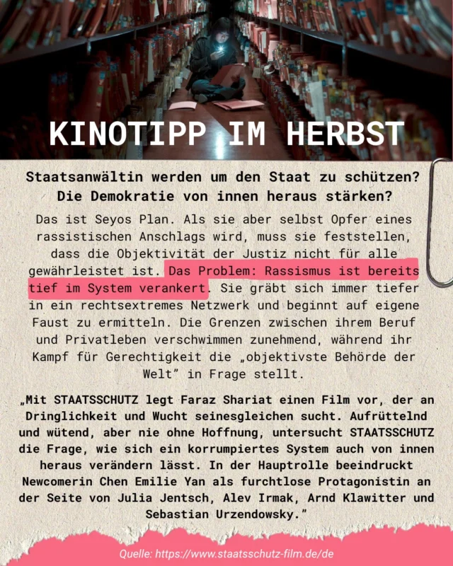 Der Herbst ist da 🍂 - und damit auch ein Must-See im Kino! Ein Film, der zum Nachdenken anregt und die tiefgehenden Strukturen von Rassismus und Diskriminierung in der deutschen Gesellschaft - auch in Justiz und Behörden - unverschönt darstellt.

#kinotipp #staatsschutz #antirassismus

@smf_verband @menschenstaerkenmenschen