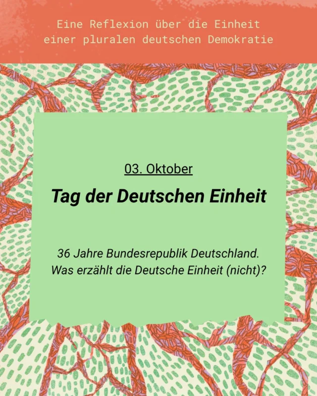 Heute feiern wir die Deutschen Einheit als ein Fest der pluralen deutschen Demokratie und erinnern daran, dass die Realität der postmigrantischen Gesellschaft der Bundesrepublik Deutschland geprägt ist von verschiedenen Geschichten, so wie die deutsche Gesellschaft von pluralen Biografien geprägt ist, die vielfältiger sind als das vereinfachte Narrativ von “Ost und West” nach 1990.

#pluralerinnern #haltungzeigenmsm

@smf_verband  @menschenstaerkenmenschen